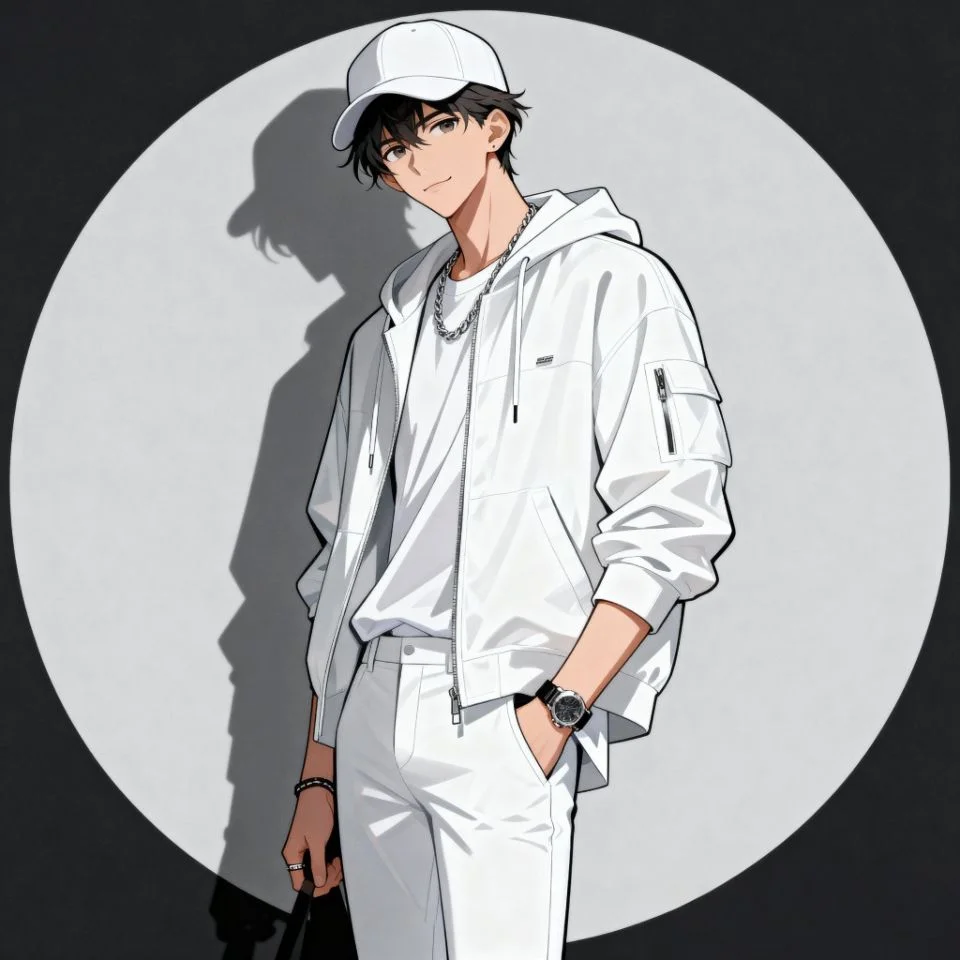 white-pfp-boy-street-style boy wearing white jacket and cap with neutral background