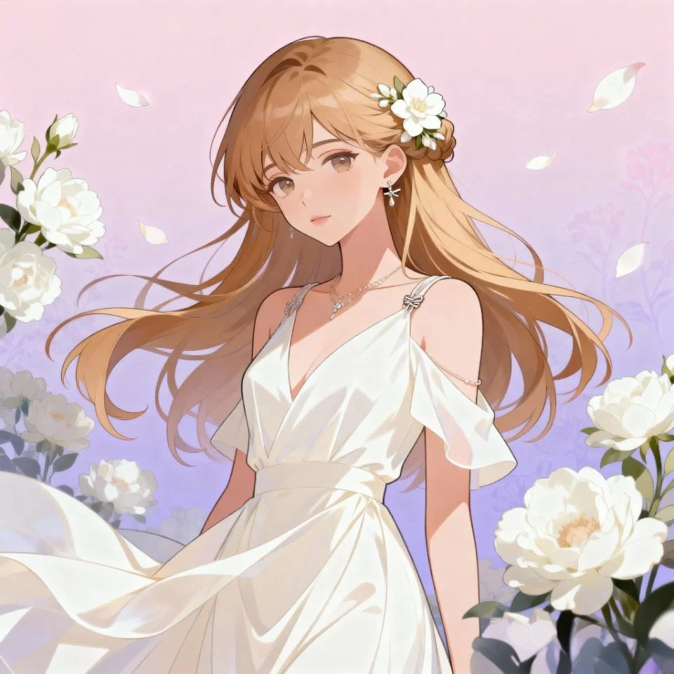 white-pfp-girl-floral-softness girl with white flowers and flowing hair on pastel background