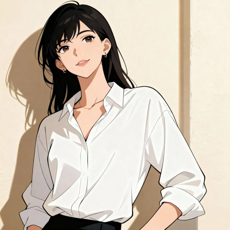 white-pfp-girl-minimalist-style fashion girl in white shirt against minimal beige wall