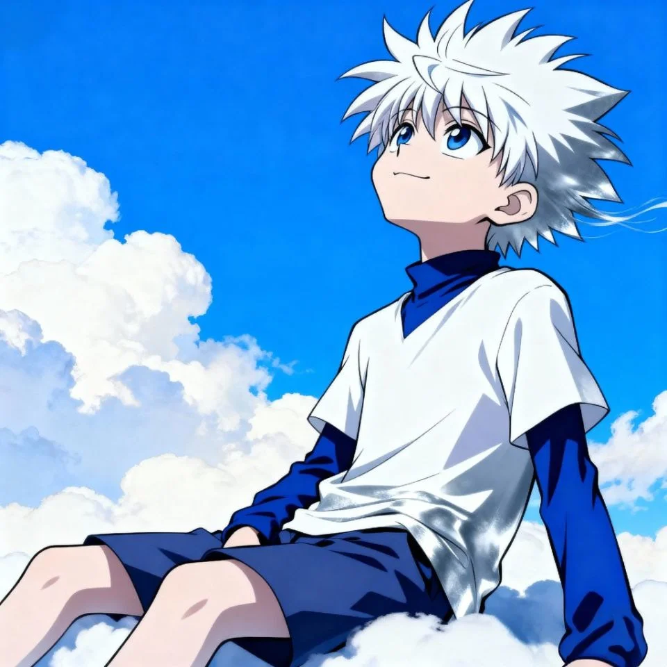 aesthetic-killua-pfp-sky Aesthetic Killua PFP with blue sky and cloud background.
