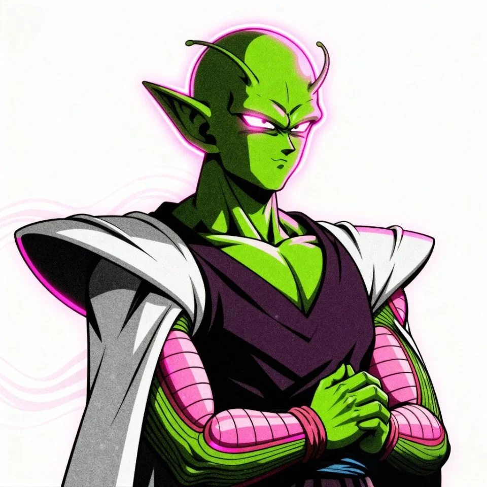 Artistic Piccolo PFP in pink and green aesthetic theme.