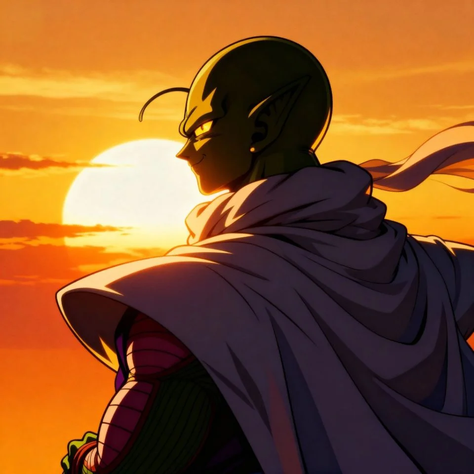 Piccolo aesthetic PFP with sunset background and warm tone.