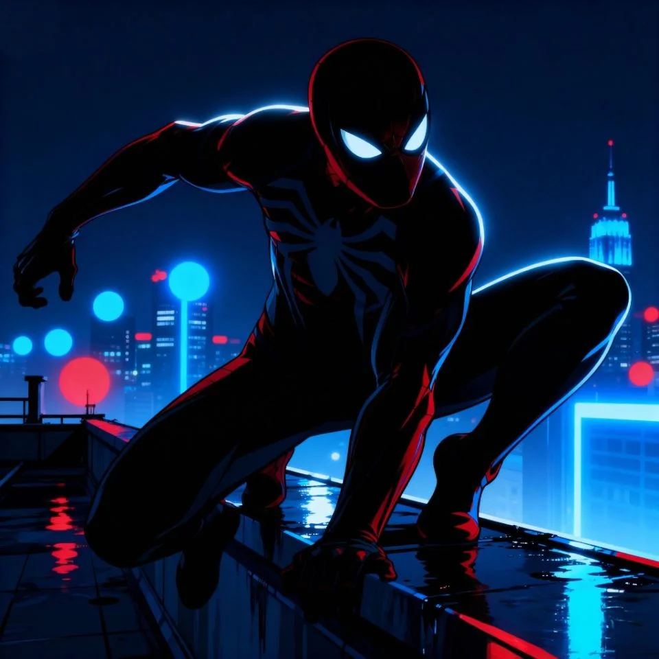 Spider-Man aesthetic PFP with glowing city background.