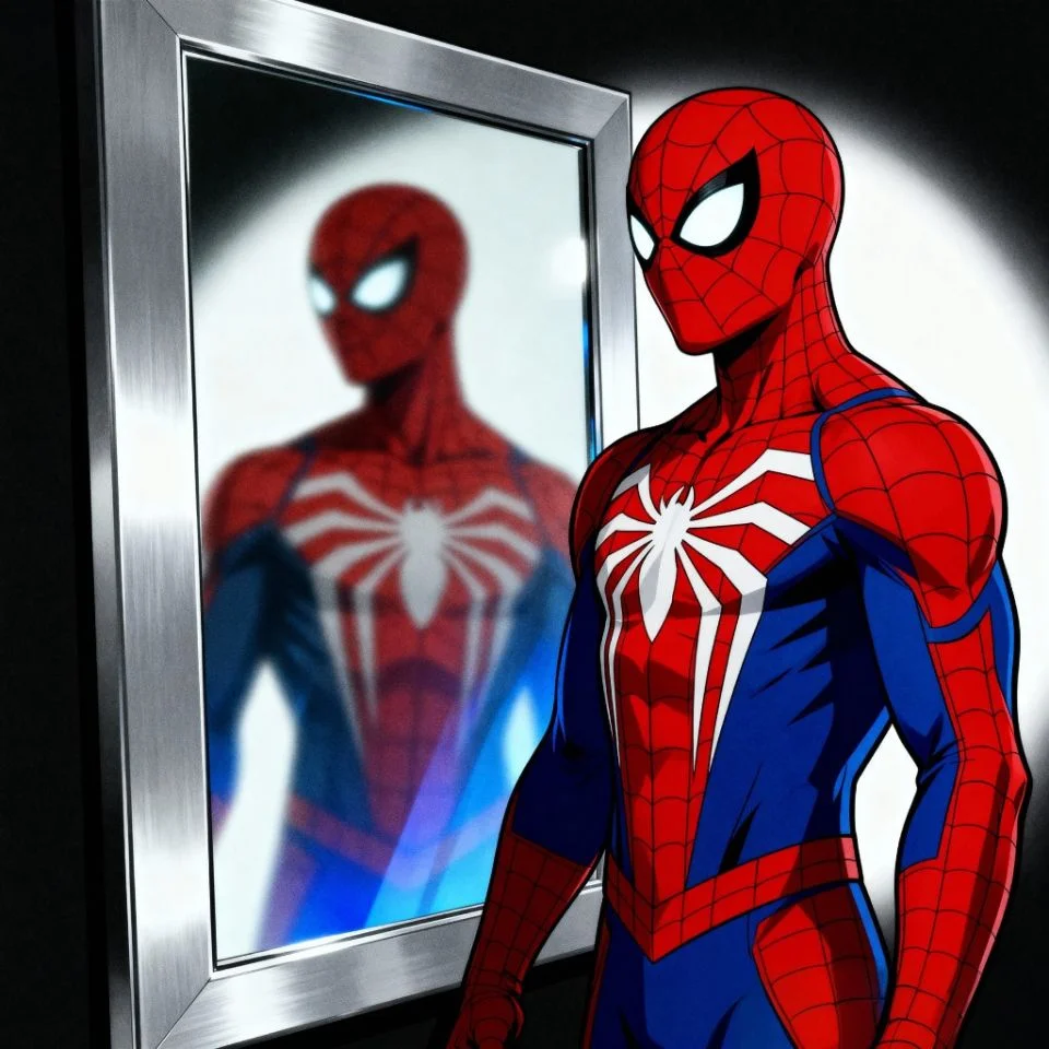 Aesthetic Spider-Man reflection PFP in mirror style.