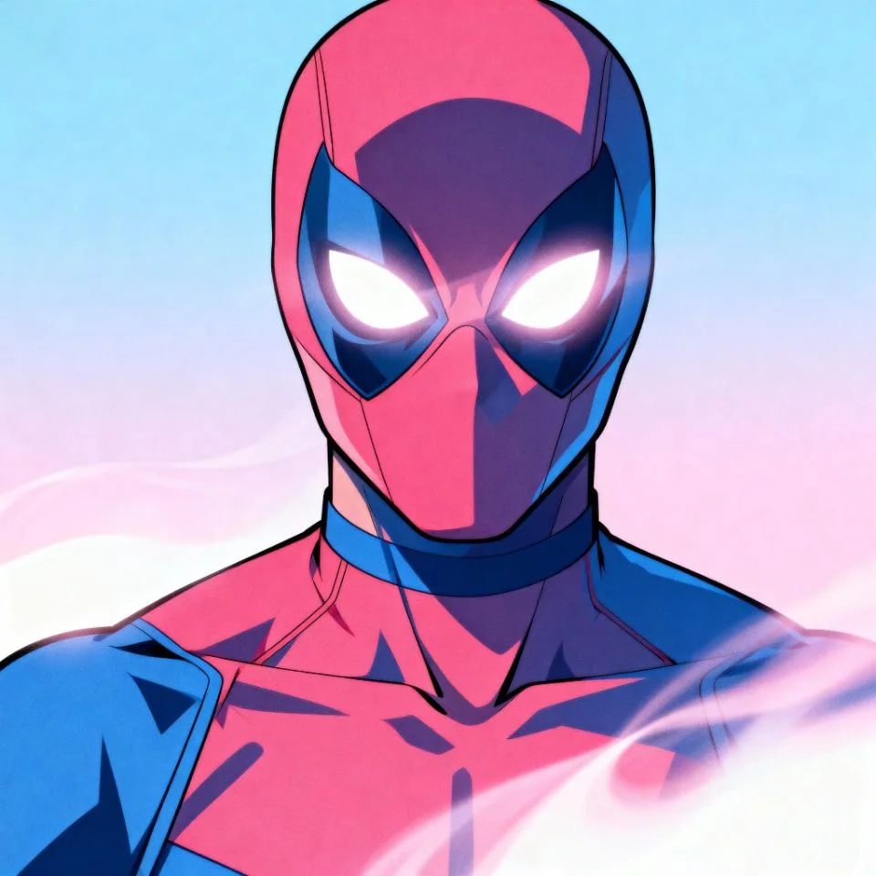 Aesthetic Spider-Man PFP with pastel blue-pink background.