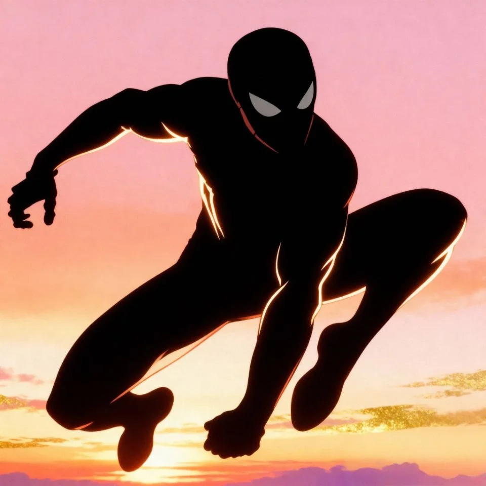 Spider-Man silhouette PFP against pink-orange sunset.