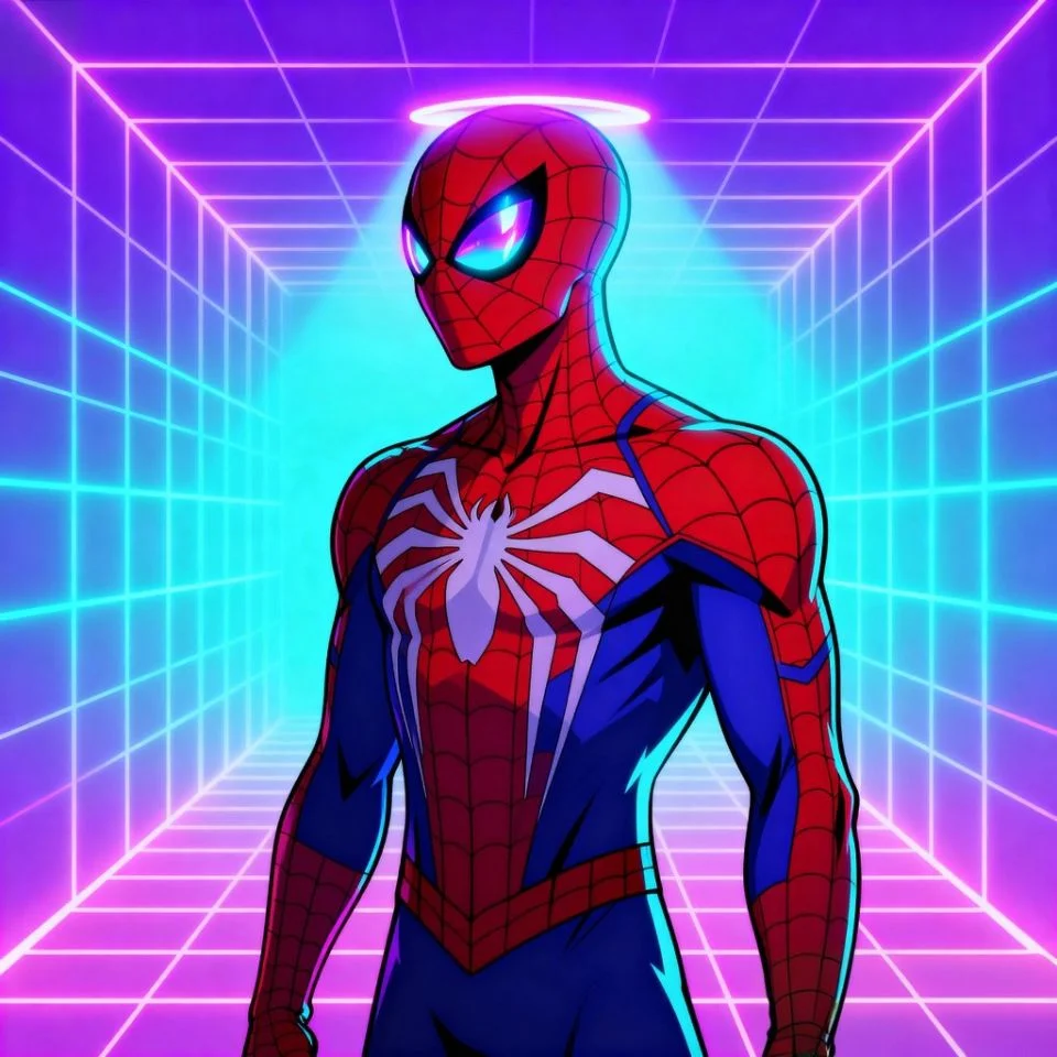 Vaporwave Spider-Man aesthetic PFP with neon grid background.