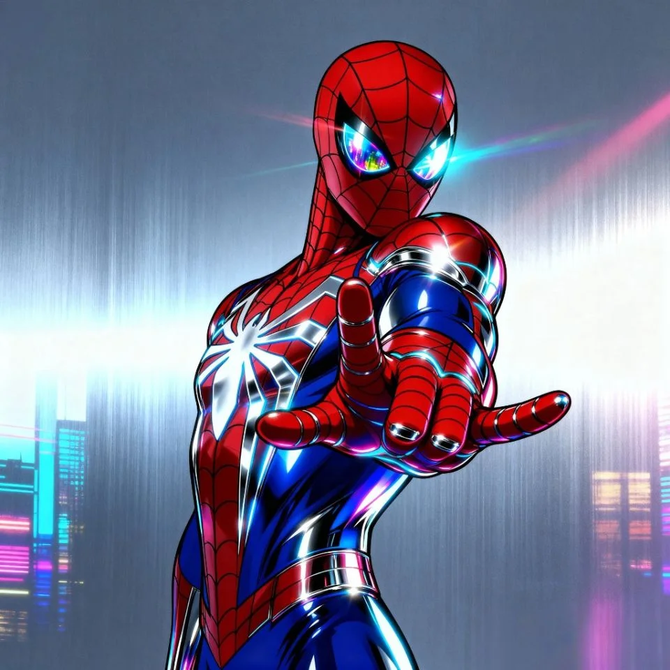 Y2K Spider-Man aesthetic PFP with chrome shine and lens flare.