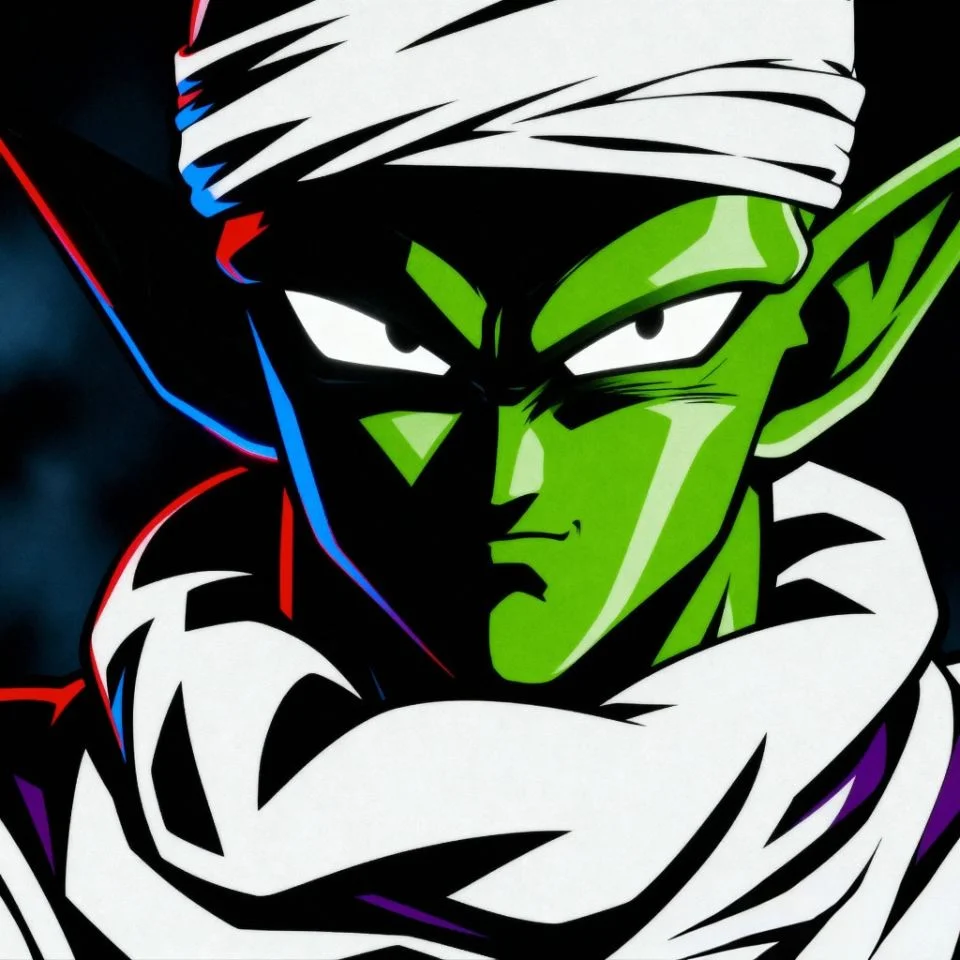 Focused anime Piccolo with intense look and blurred background.