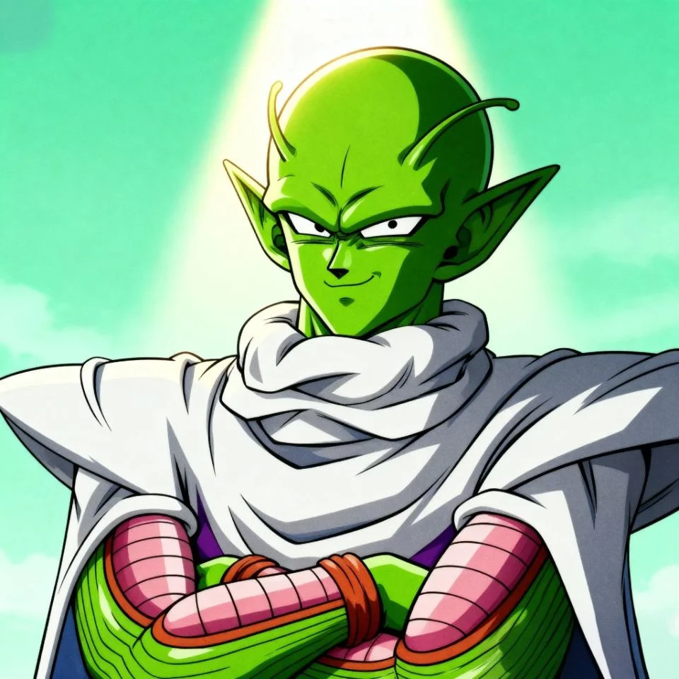Anime Piccolo smiling PFP with Namekian landscape background.