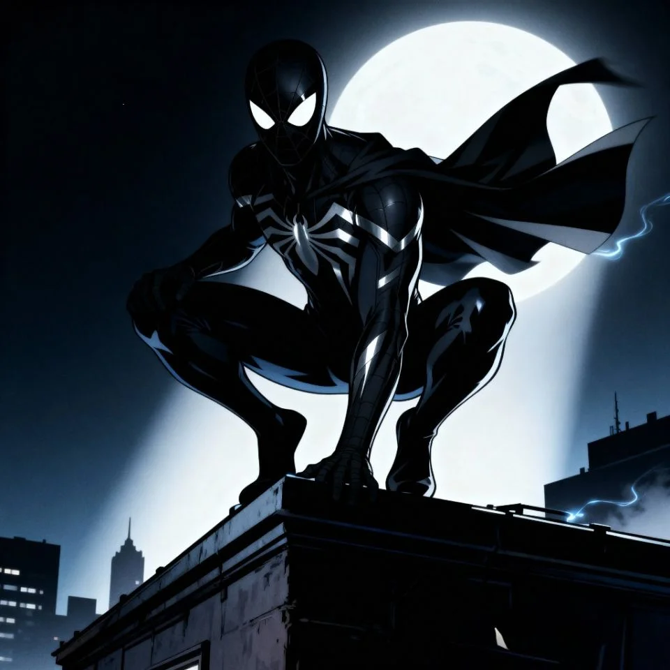Black Spider-Man rooftop pose PFP at night.
