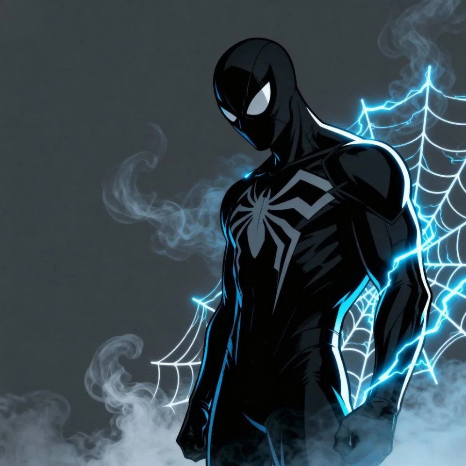 Black Spider-Man PFP with smoke and glowing web lines.
