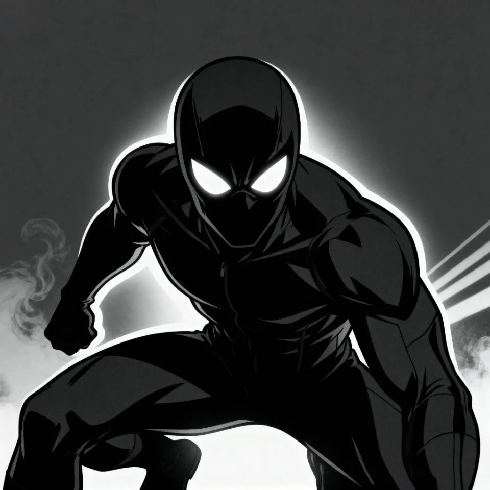 Black stealth Spider-Man PFP with glowing white eyes.