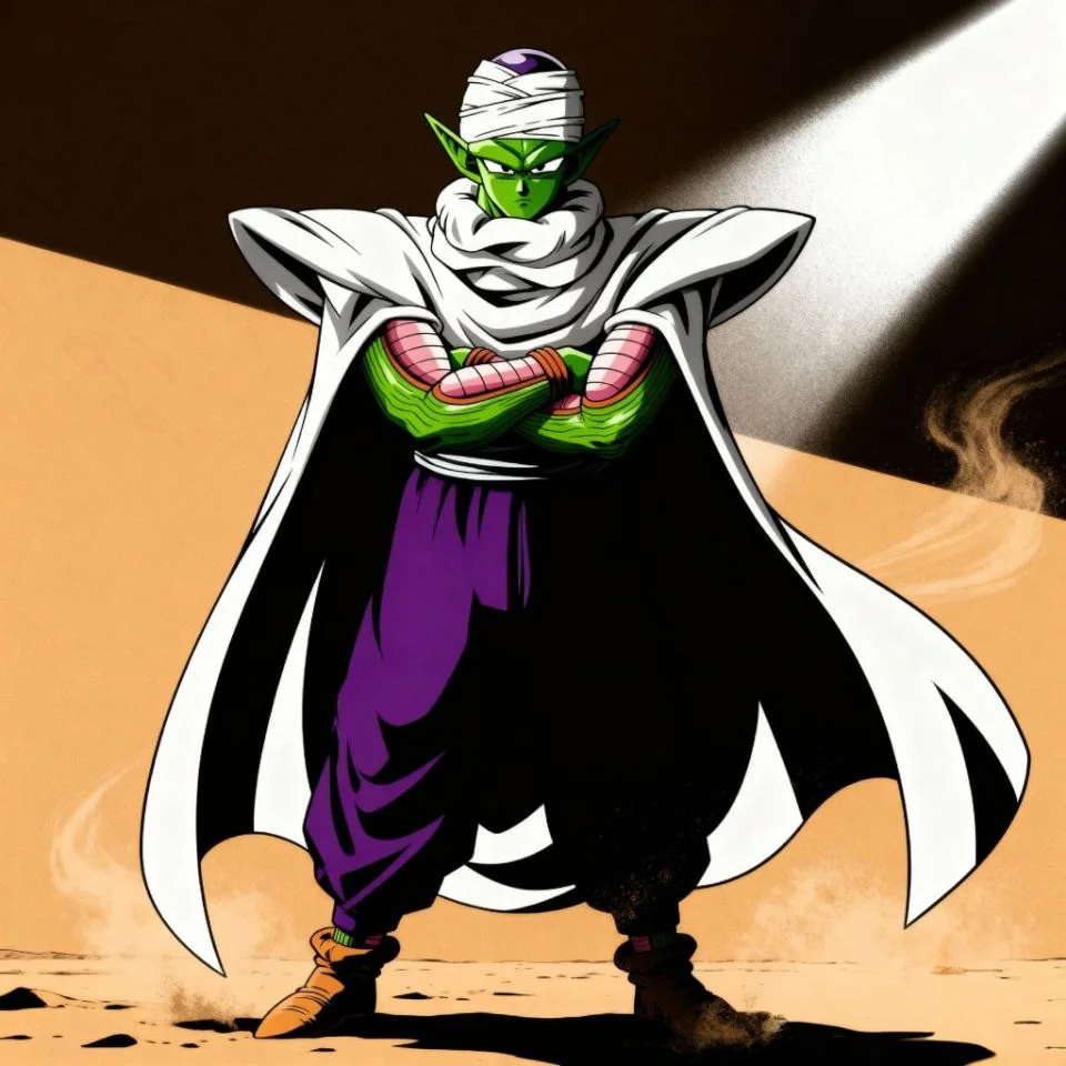 Piccolo PFP with flowing white cape and desert backdrop.