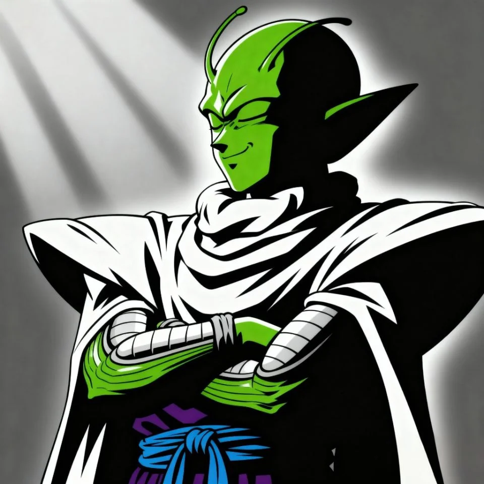 Classic Piccolo smiling calmly with green background.