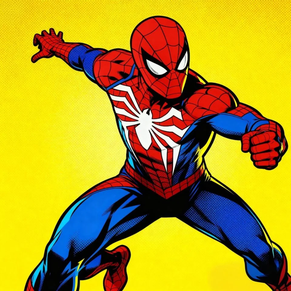 Pop-art Spider-Man PFP with bold red and yellow tones.