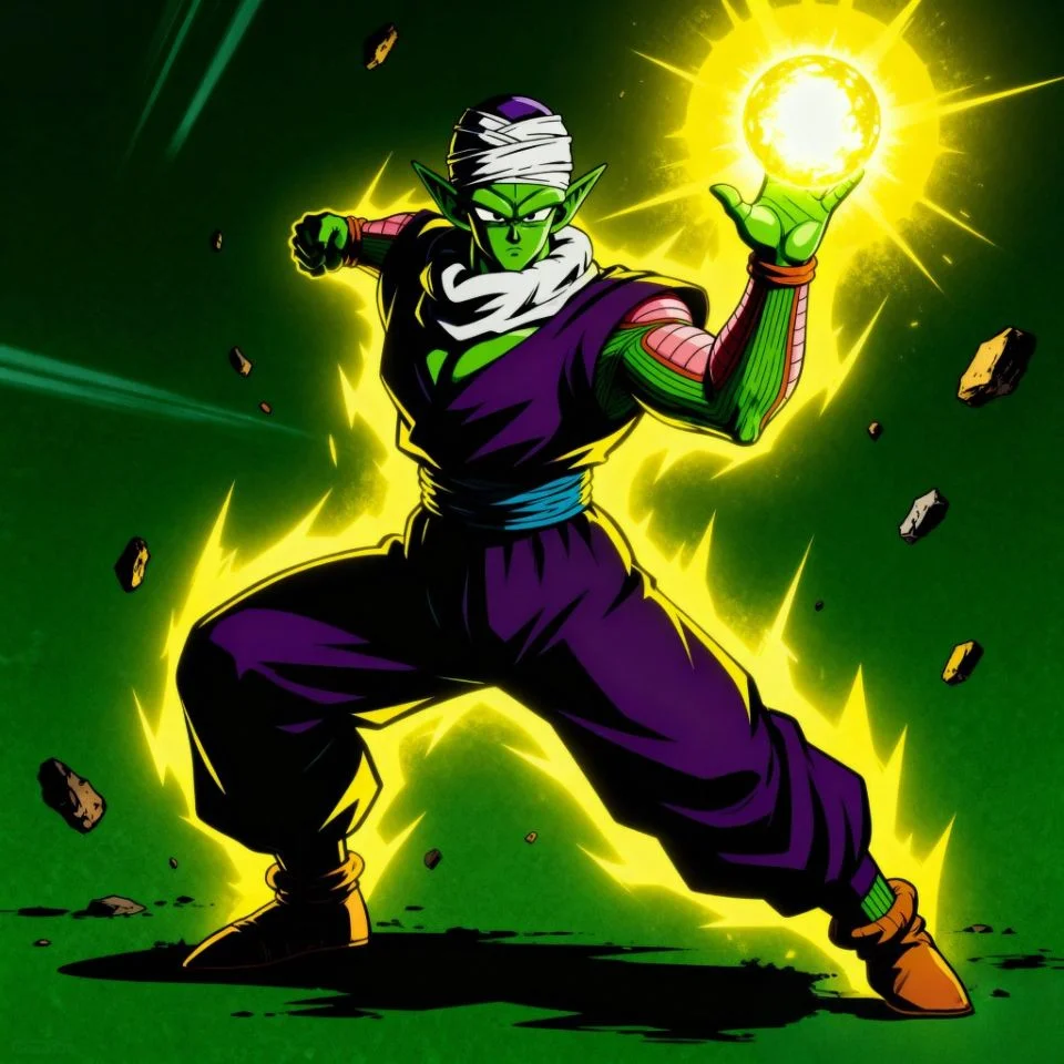 Piccolo battle pose with charged aura and debris effect.