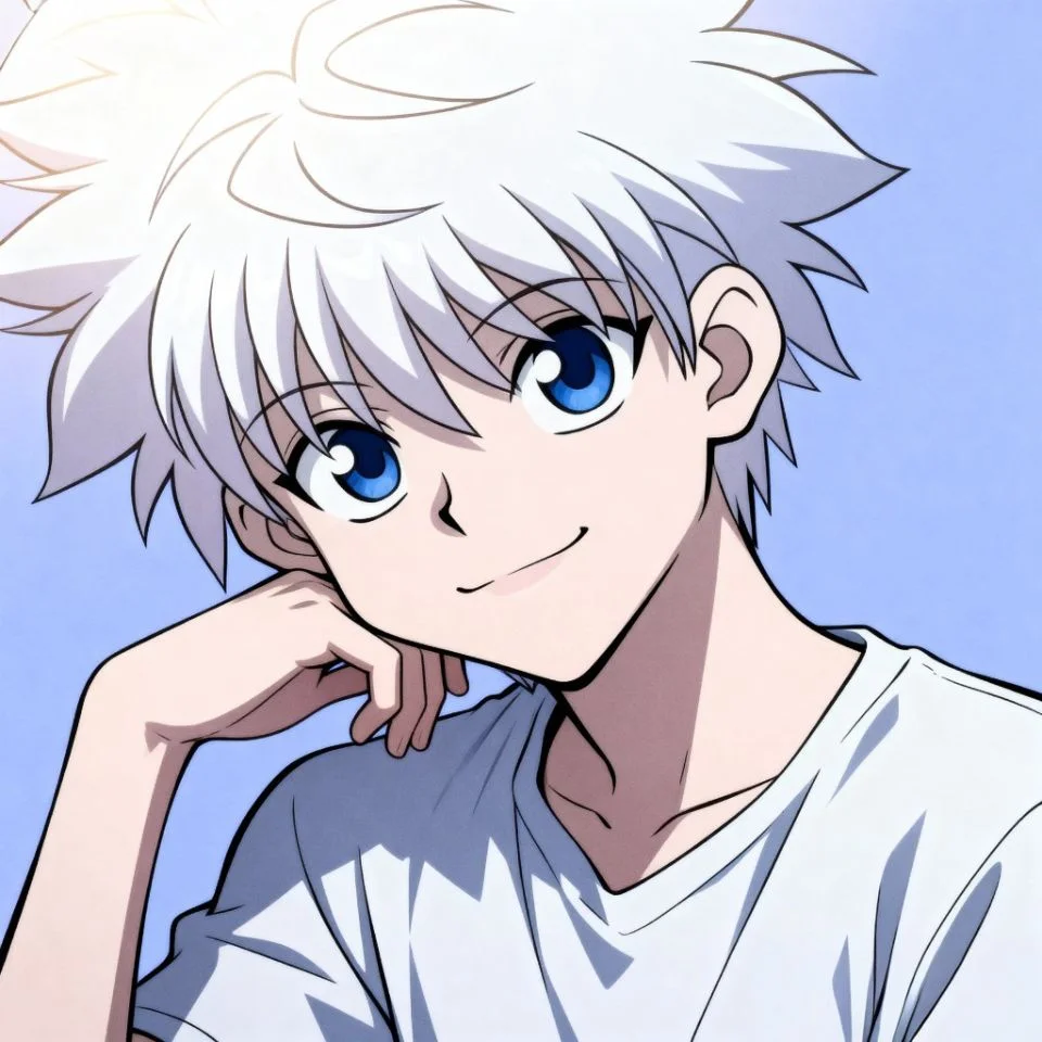 cute-killua-pfp-smile Cute Killua PFP smiling with bright eyes and soft blue background.