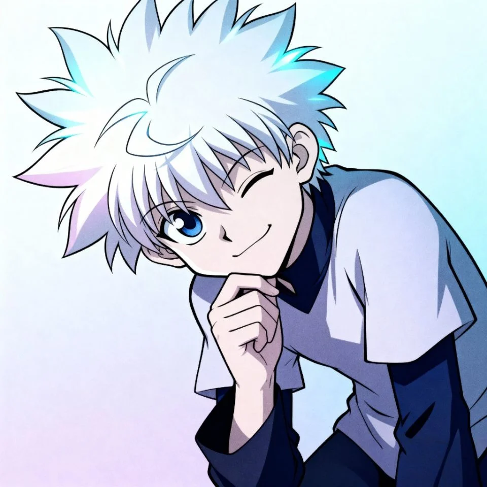 cute-killua-pfp-wink Killua winking cute anime PFP with light background.