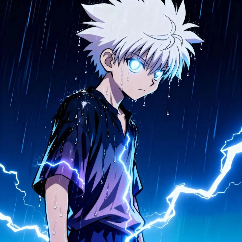 dark-killua-pfp-rain Dark Killua PFP with rain and lightning background.