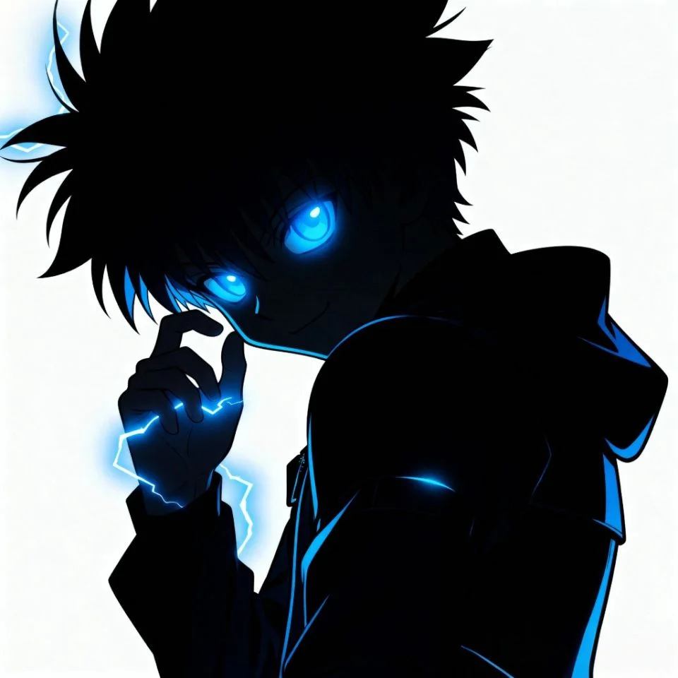 dark-killua-pfp-shadow Dark Killua PFP with heavy shadows and glowing blue eyes.