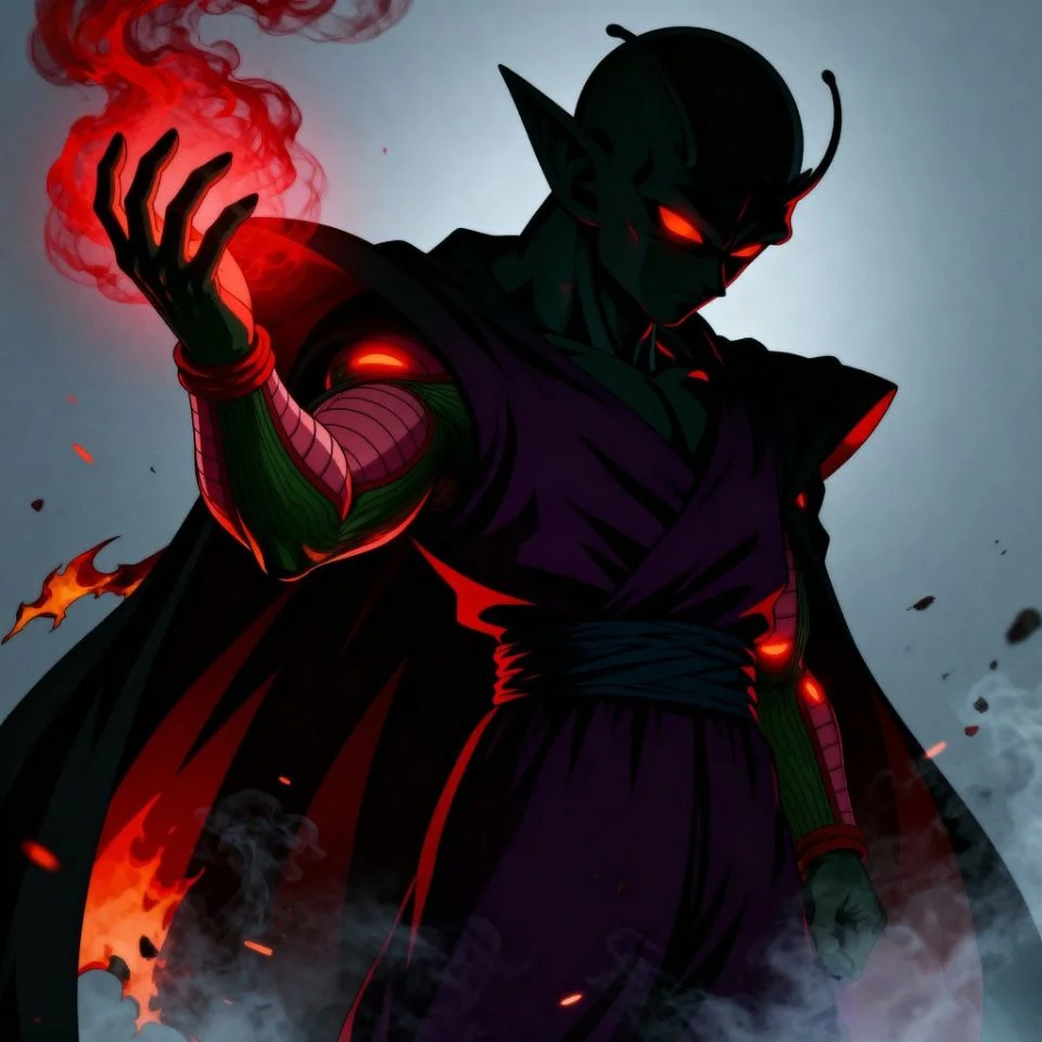 Piccolo dark PFP with smoky aura and red light.