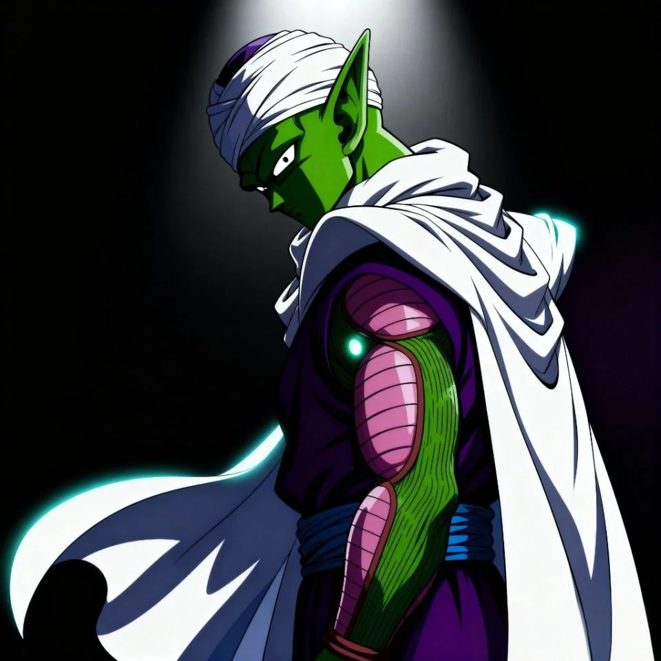 Piccolo dark PFP with flowing cape and dim background.