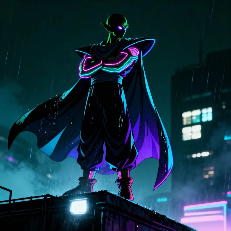 Piccolo dark PFP standing in city night lights.