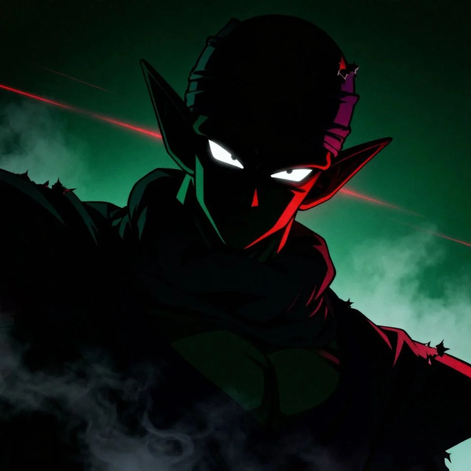 Dark Piccolo PFP with glowing eyes and shadow background.