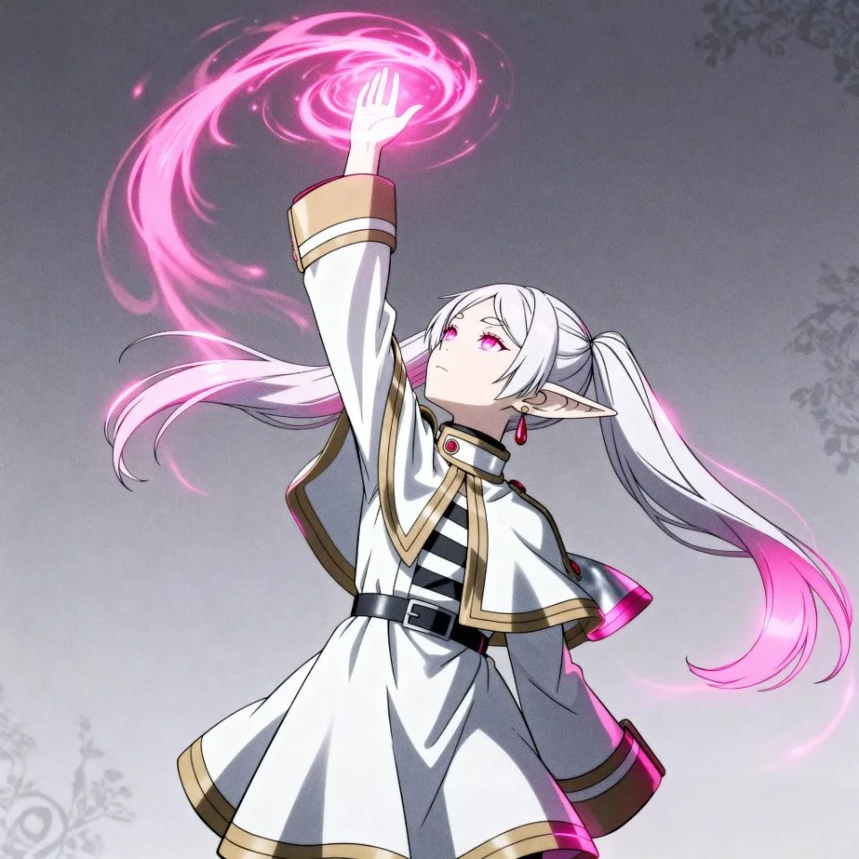 Frieren with ethereal pink magic and dynamic pose
