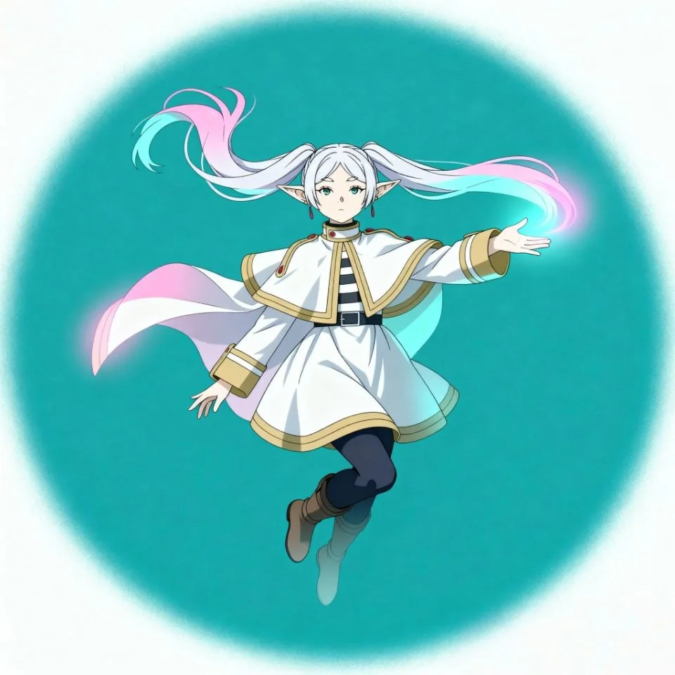 Frieren anime girl mid-air with pastel energy effects