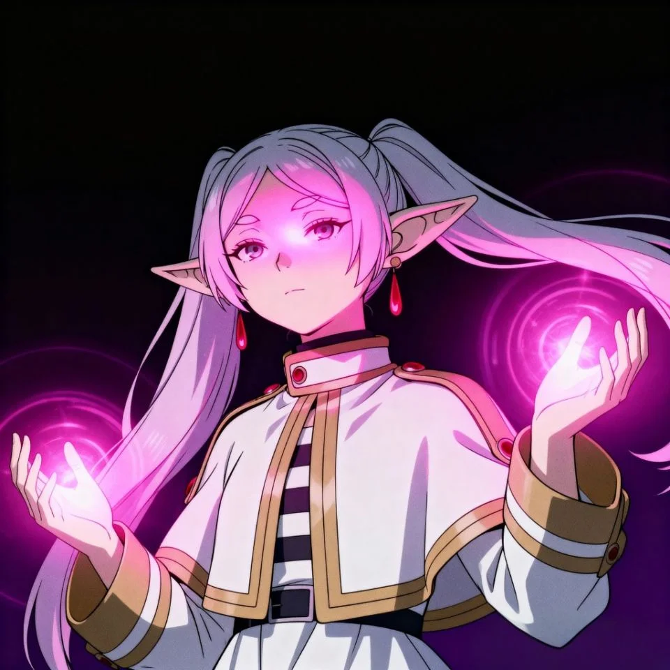 Frieren surrounded by glowing pink magic with intense gaze