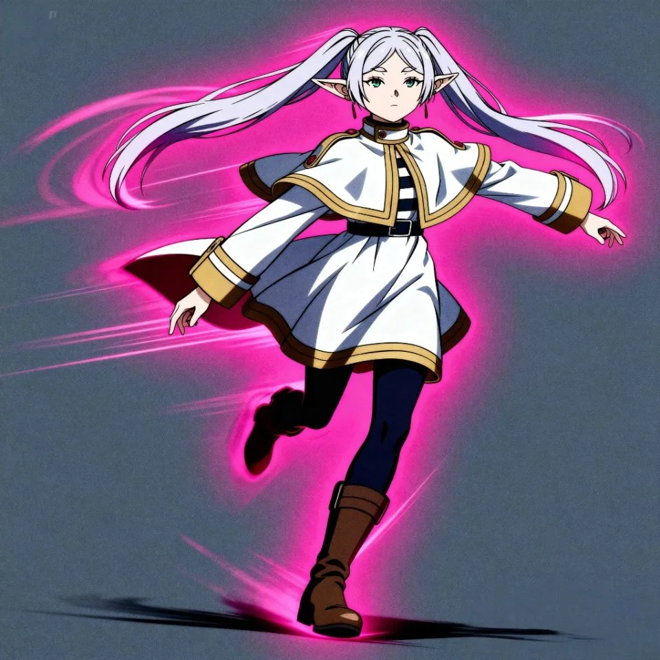 Frieren mid-motion with flowing hair and vibrant pink aura