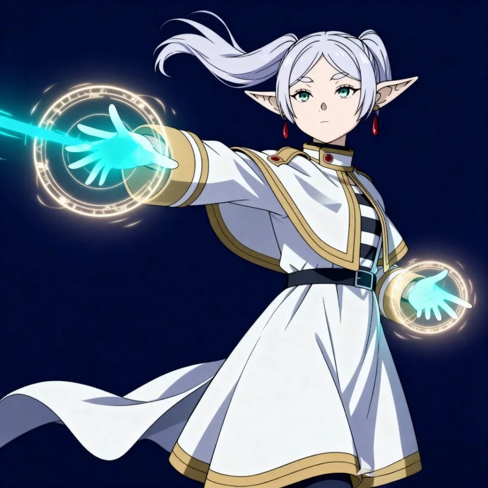 Frieren casting magical spell with glowing energy effects