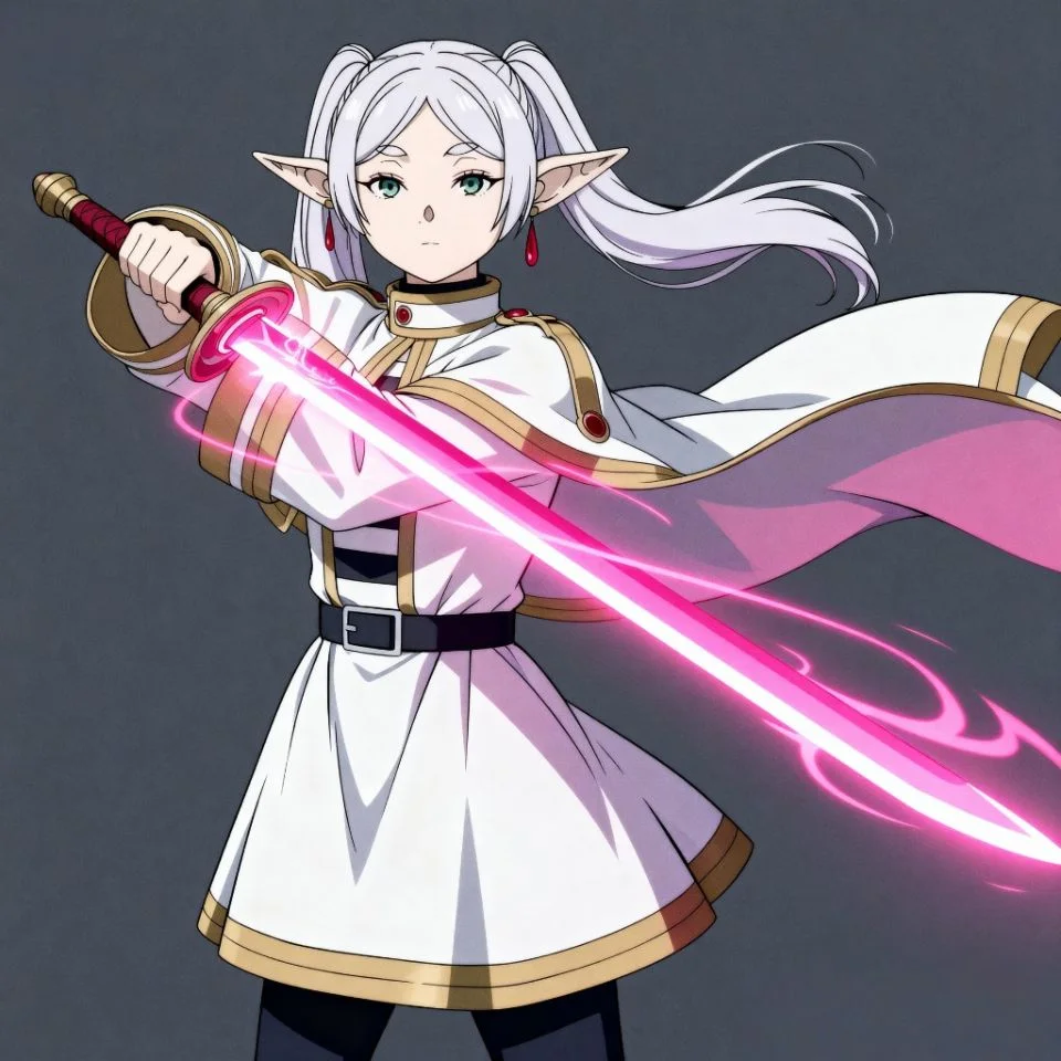 Frieren holding magical sword with pink energy trails