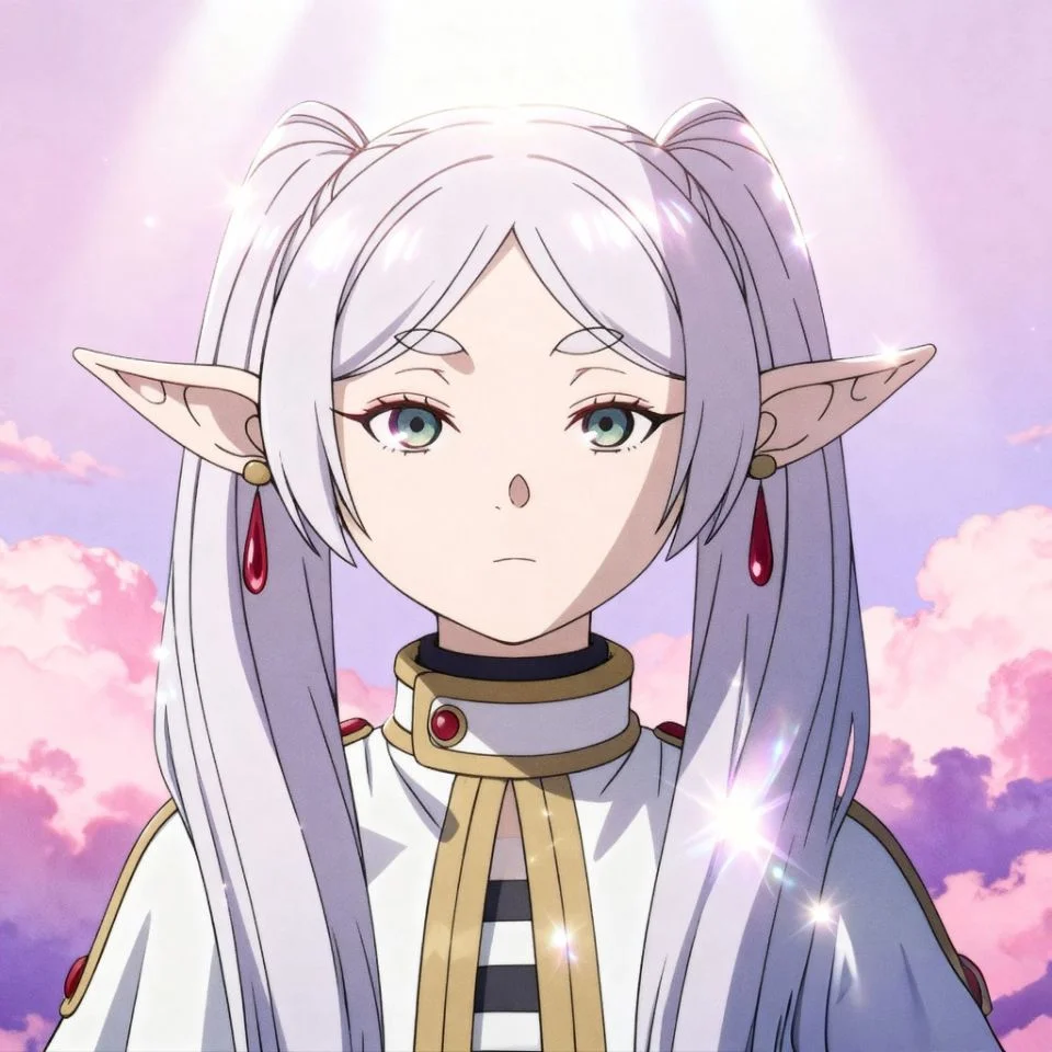 Frieren anime girl in pink and lavender clouds with soft ethereal light