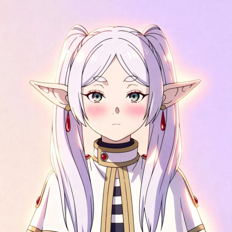 dreamy pastel portrait of Frieren with soft light and subtle blush