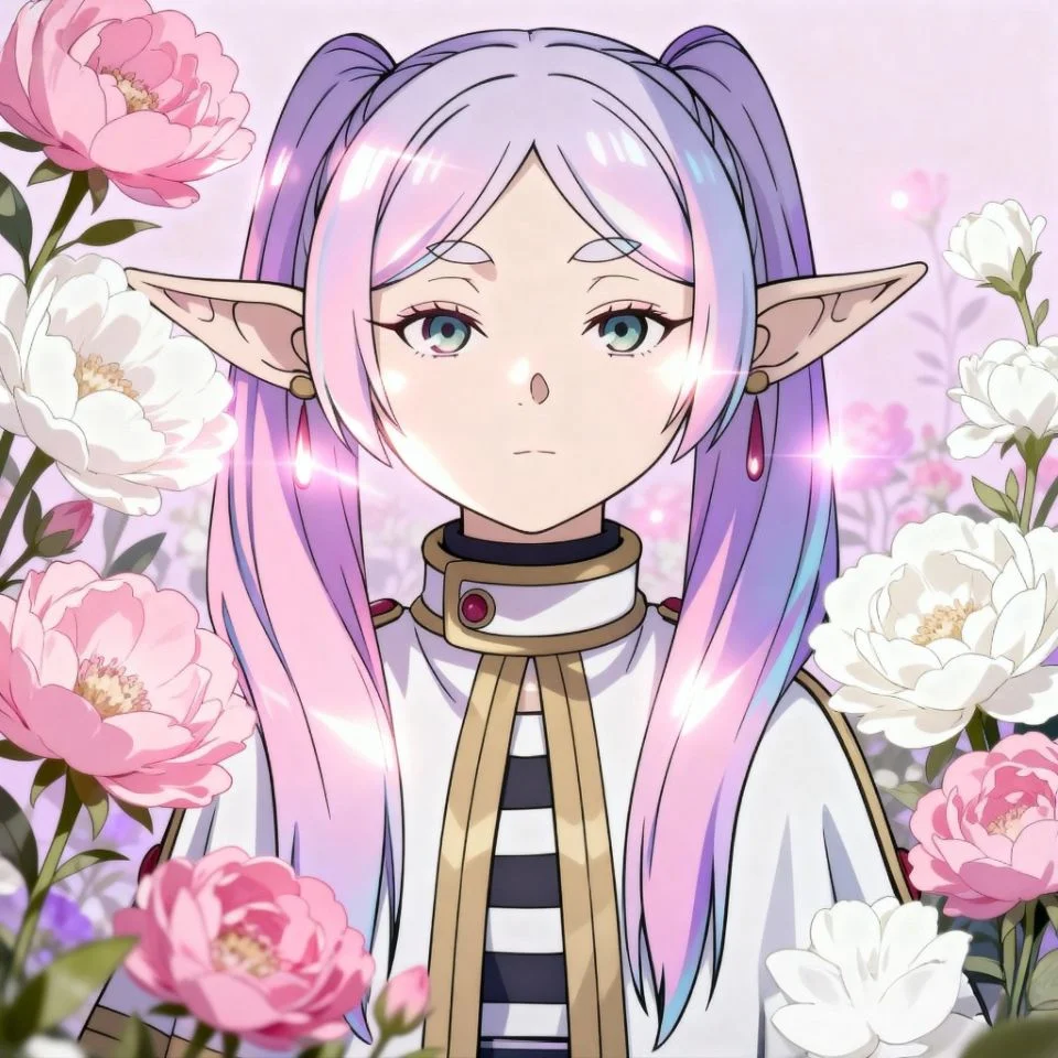 Frieren surrounded by soft pink and white flowers, serene expression
