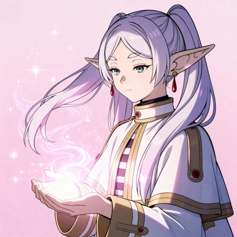 Frieren holding glowing magical aura in soft pastel pink setting