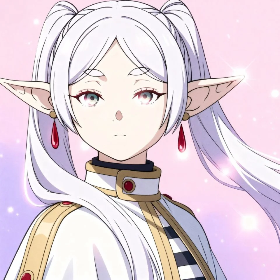 Frieren anime girl with pastel pink and lavender background, soft glowing effect