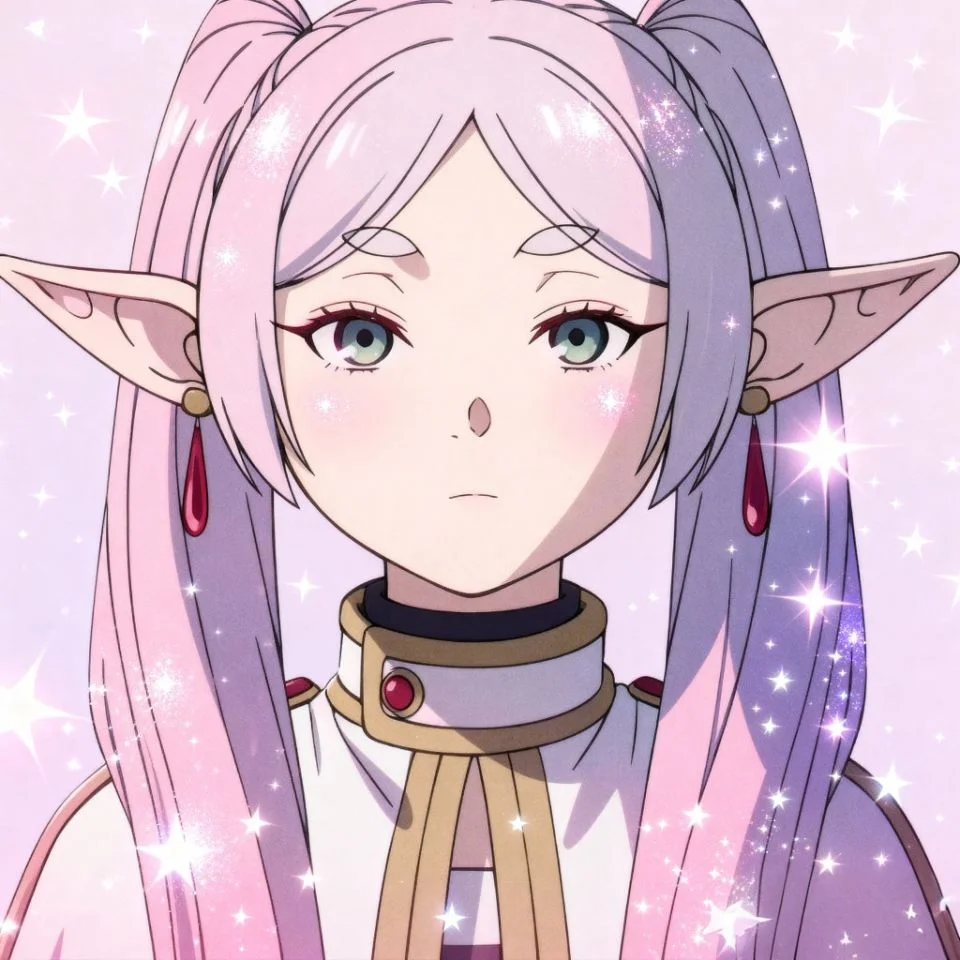 Frieren close-up with starry overlay and soft pink tones