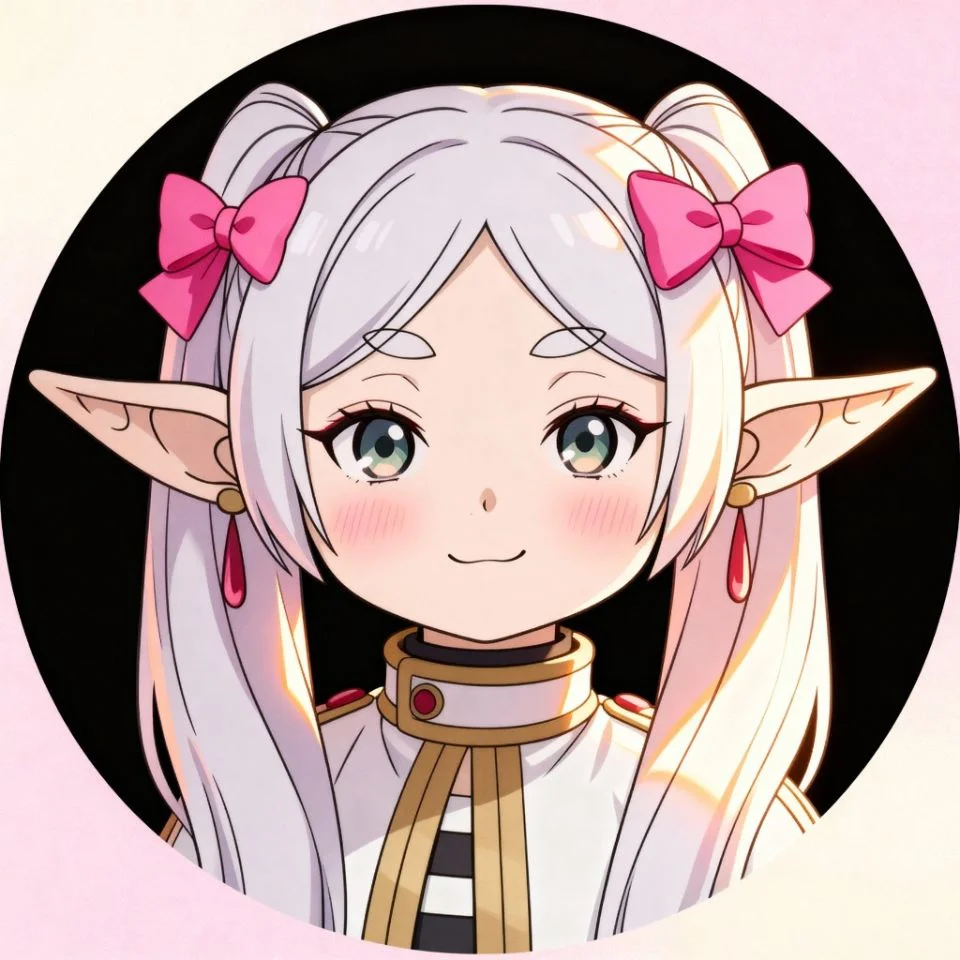 chibi Frieren with pink bow and cheerful pose on soft background