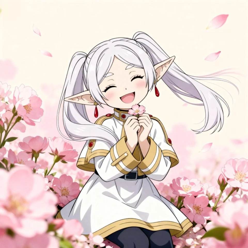 chibi Frieren surrounded by soft pink flowers smiling