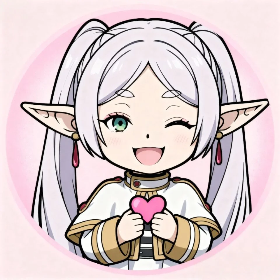 chibi Frieren holding small pink heart with playful smile