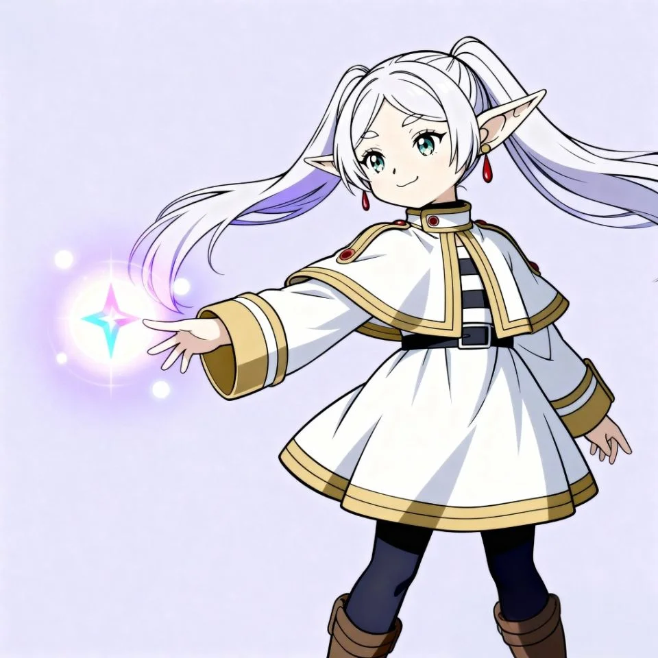 tiny chibi Frieren casting small magical spell with pastel effects