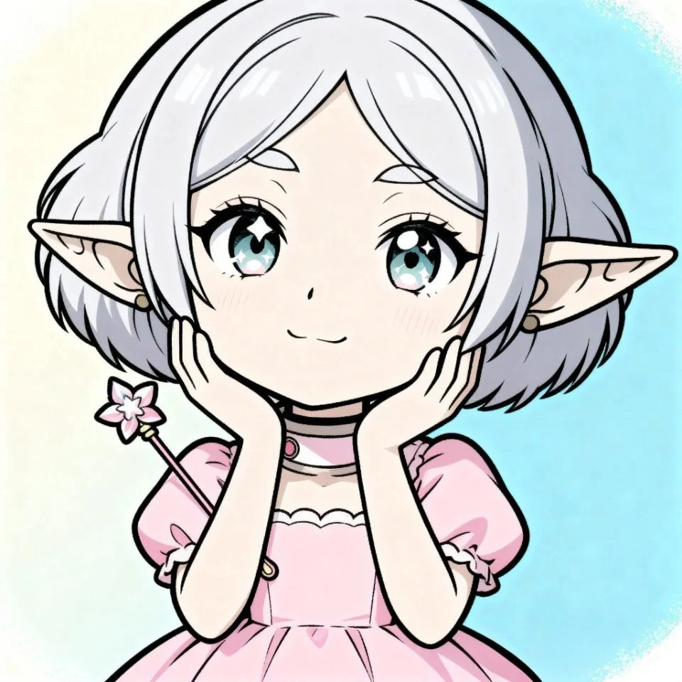 chibi Frieren anime girl with pastel pink dress and big sparkling eyes