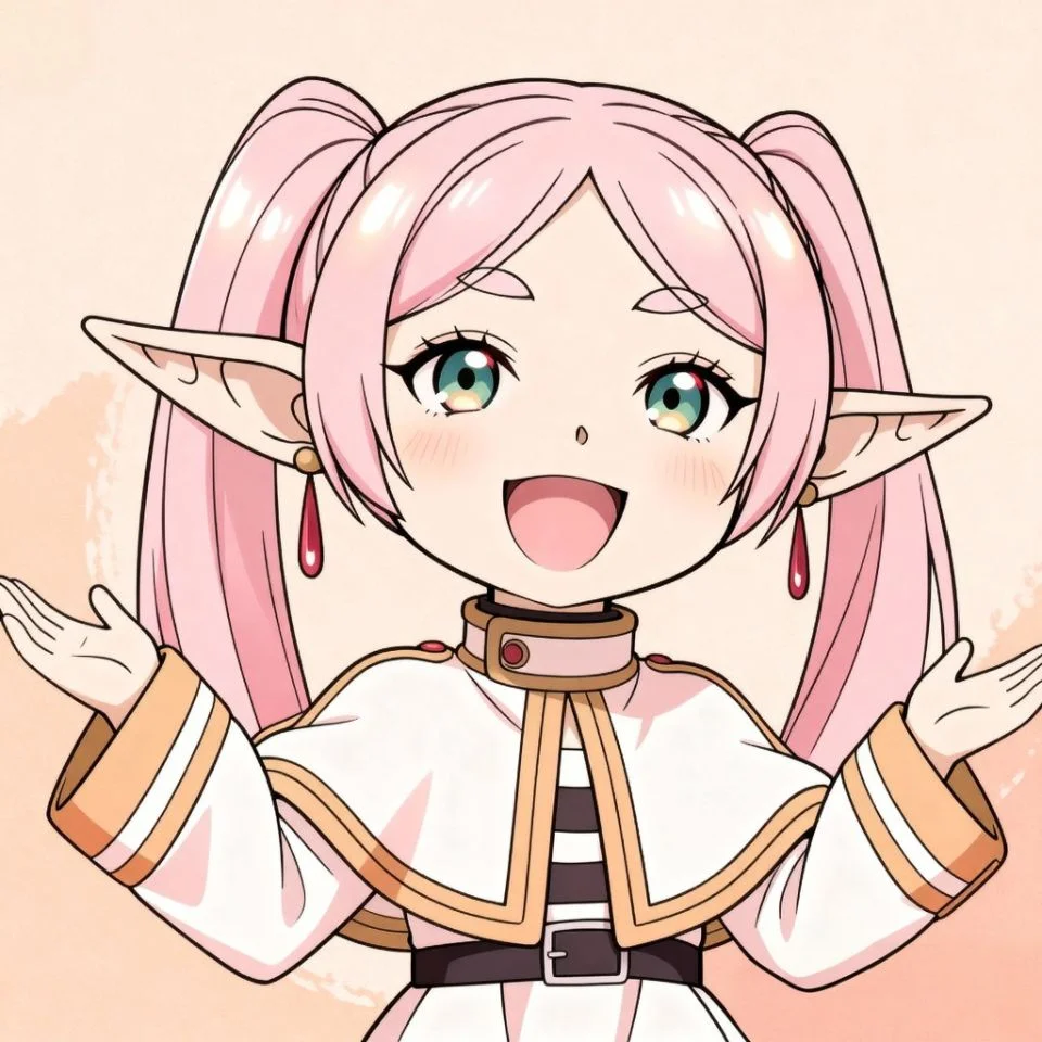 chibi Frieren with big eyes and wide cheerful smile