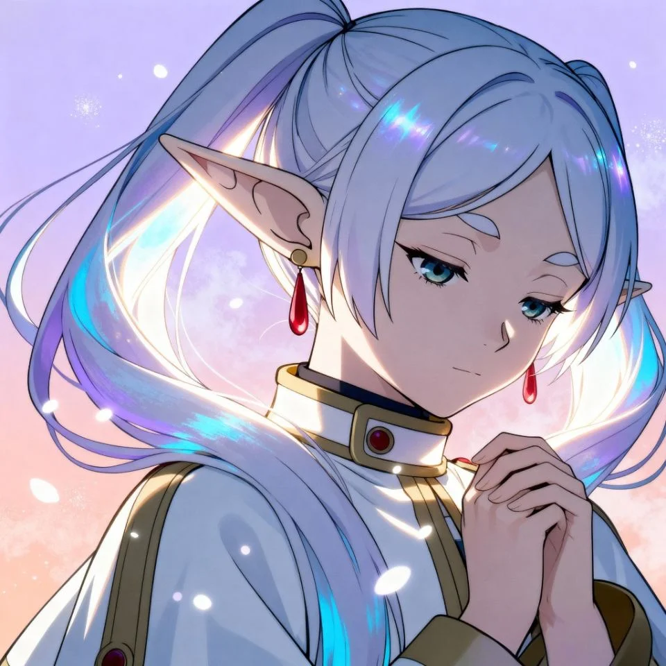 ethereal Frieren portrait with glowing pastel background and soft light