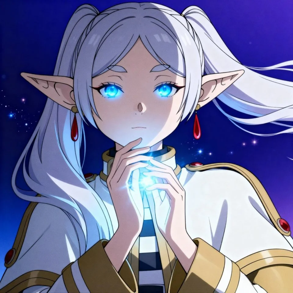 Frieren anime girl with mystical blue eyes and flowing hair