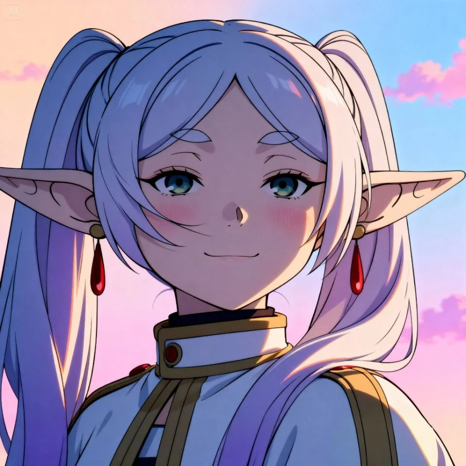 Frieren character smiling softly against pastel sky background